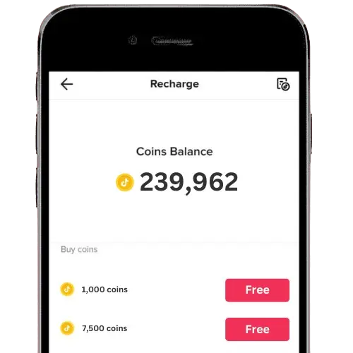 TikTok Coins Balance displaying 239,962 coins with free recharge options for 1,000 and 7,500 coins. Get Free TikTok Coins Quickly in 2025.